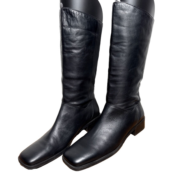 Vintage Naturalizer Tall Black Leather Boots Women's Size 10 Narrow Square Toe - Picture 1 of 14